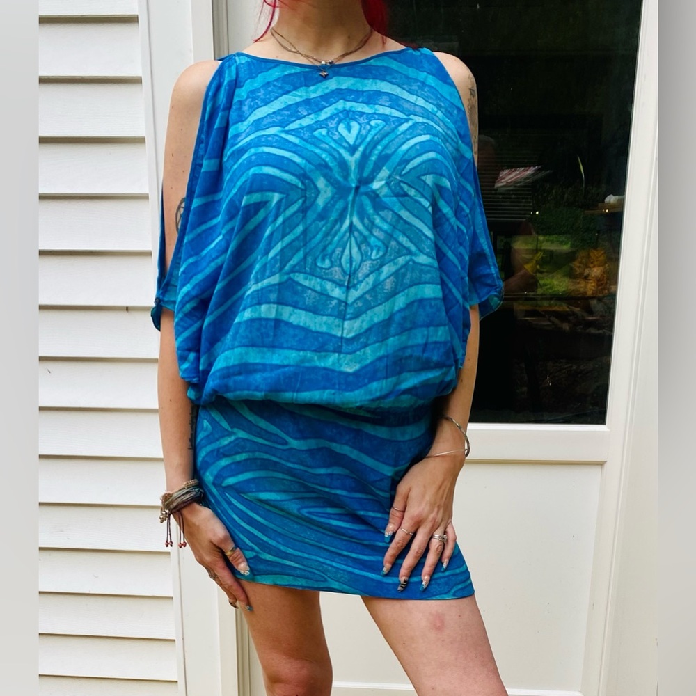 Nicole Miller Artelier dolman sleeve blue patterned summer dress size/small